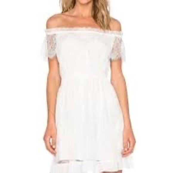 New THE KOOPLES Soft Ivory Lace Off the Shoulder Mini Dress Women’s Sz l - Picture 1 of 16